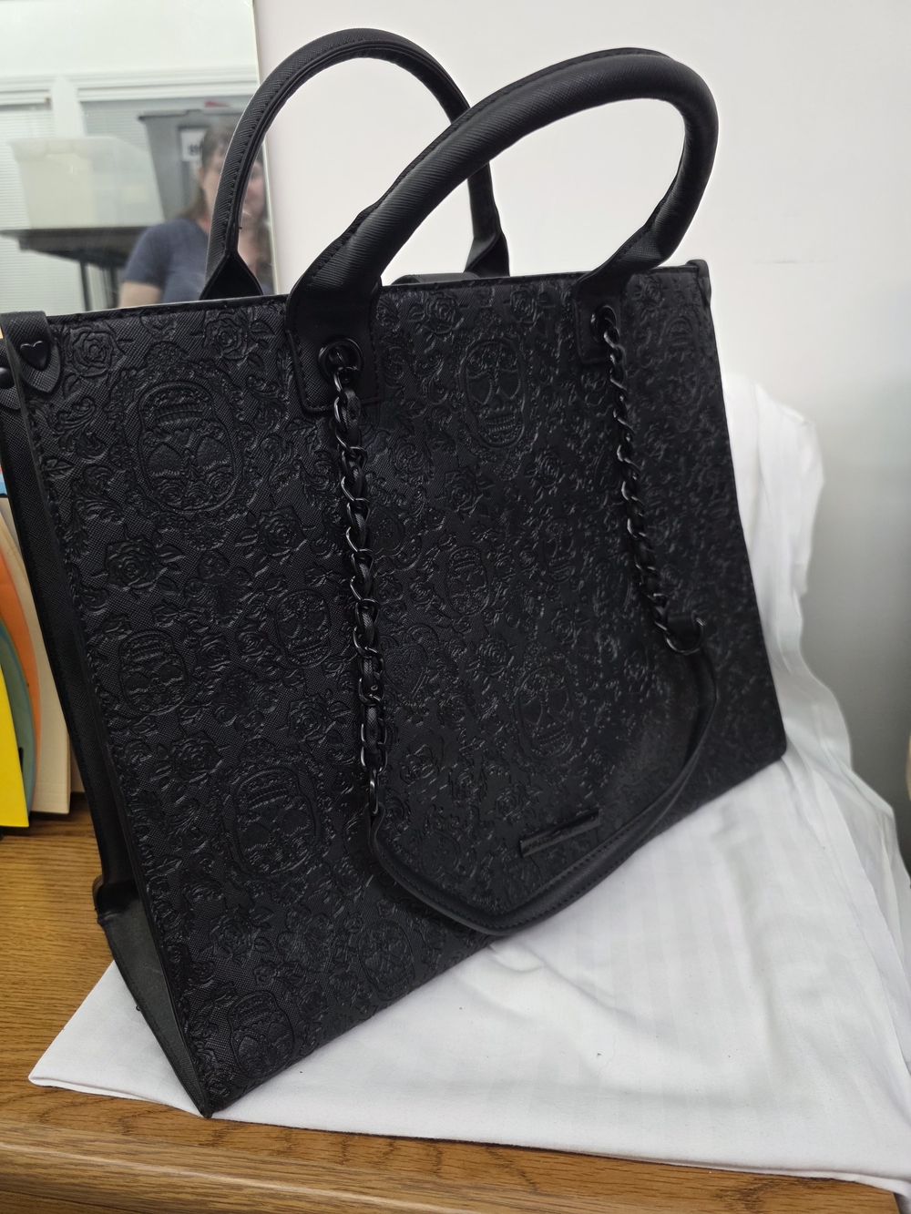 Betsey Johnson Black Embossed Tote with Chain-Accent Handles - Picture 2 of 8